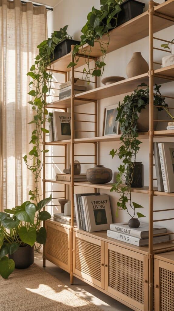A bright, airy living room with a verdant color palette. In the foreground, clean-lined, minimalist storage solutions in natural wood and rattan textures. Mid-ground features a modular bookshelf system with adjustable shelves to accommodate decor and knickknacks. In the background, lush, leafy indoor plants cascading from wall-mounted planters, casting a soft, organic glow. Warm, diffused lighting illuminates the space, creating a sense of tranquility and balance. The overall scene conveys a harmonious blend of function and style, perfect for a green-themed living room. A bright, airy living room with a verdant color palette. In the foreground, clean-lined, minimalist storage solutions in natural wood and rattan textures. Mid-ground features a modular bookshelf system with adjustable shelves to accommodate decor and knickknacks. In the background, lush, leafy indoor plants cascading from wall-mounted planters, casting a soft, organic glow. Warm, diffused lighting illuminates the space, creating a sense of tranquility and balance. The overall scene conveys a harmonious blend of function and style, perfect for a green-themed living room.