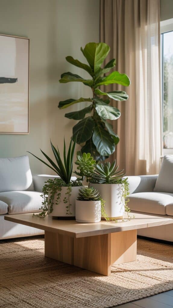 A bright and airy living room with lush greenery and natural light. The focal point is a collection of elevated houseplants in sleek, modern planters, arranged harmoniously across a low, minimalist wooden coffee table. The walls are painted in a soothing sage tone, complemented by soft gray furnishings and natural textures, such as a woven area rug and a knitted throw. Sunlight filters in through large windows, casting a warm, inviting glow and creating dynamic shadows that add depth and dimension to the space. The overall atmosphere is one of serenity and rejuvenation, perfectly capturing the essence of "Integrating Plants for Freshness." A bright and airy living room with lush greenery and natural light. The focal point is a collection of elevated houseplants in sleek, modern planters, arranged harmoniously across a low, minimalist wooden coffee table. The walls are painted in a soothing sage tone, complemented by soft gray furnishings and natural textures, such as a woven area rug and a knitted throw. Sunlight filters in through large windows, casting a warm, inviting glow and creating dynamic shadows that add depth and dimension to the space. The overall atmosphere is one of serenity and rejuvenation, perfectly capturing the essence of "Integrating Plants for Freshness."