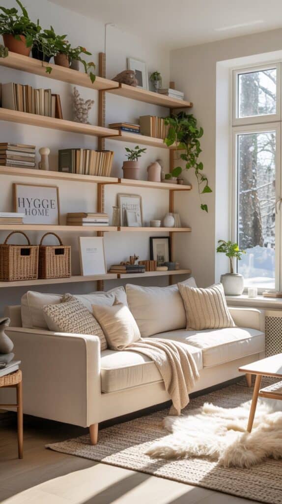 A Scandinavian living room with functional storage solutions, featuring wooden shelves and woven baskets.