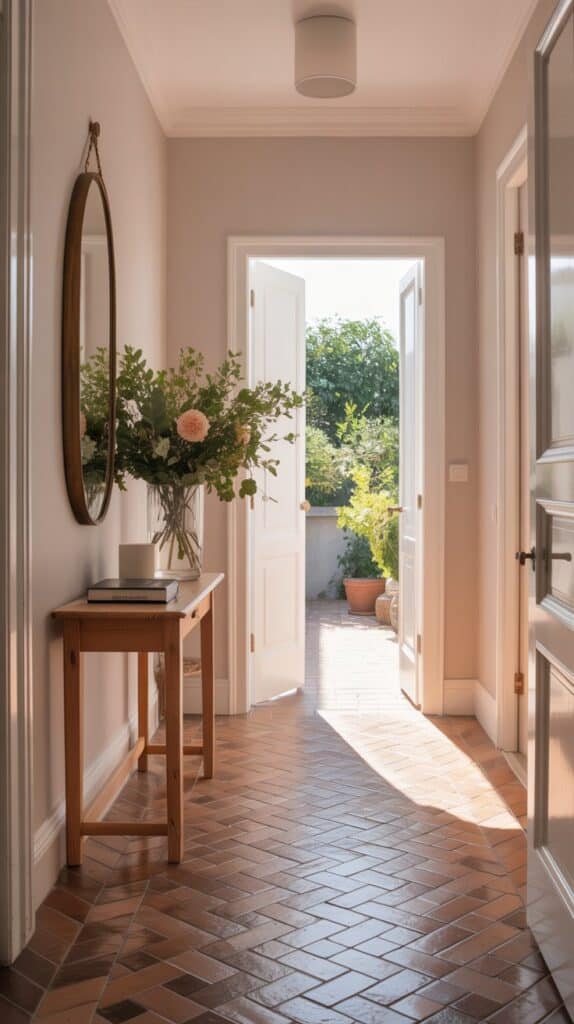 A bright and welcoming entryway with pale violet-toned off-white walls and a warm pine console table. The floor features patterned porcelain tiles in a herringbone design, reflecting soft natural light. A modern mirror hangs above the table, which holds a vase of fresh flowers. Sunlight adds a calm, elegant ambiance to the sophisticated space.