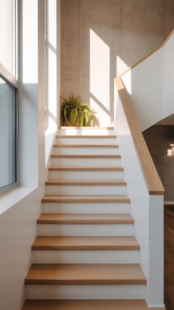 A bright staircase with white risers, light oak treads, and a matching handrail against a soft greige wall.