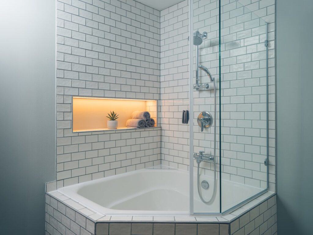 Corner tub and shower combo maximizing space in a tiny bathroom