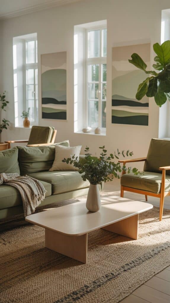 A cozy, sun-drenched green living room with minimalist, Scandinavian-inspired decor. In the foreground, a plush, sage-colored sofa is accented by a pair of mid-century modern armchairs in a complementary olive tone. On the coffee table, a simple vase holds a bouquet of fresh eucalyptus. On the walls, abstract landscape art in muted greens and blues creates a calming atmosphere. The middle ground features a large, leafy potted plant in the corner, casting natural shadows across the room. In the background, a large window floods the space with warm, diffused natural light, illuminating the clean lines and natural textures throughout. A cozy, sun-drenched green living room with minimalist, Scandinavian-inspired decor. In the foreground, a plush, sage-colored sofa is accented by a pair of mid-century modern armchairs in a complementary olive tone. On the coffee table, a simple vase holds a bouquet of fresh eucalyptus. On the walls, abstract landscape art in muted greens and blues creates a calming atmosphere. The middle ground features a large, leafy potted plant in the corner, casting natural shadows across the room. In the background, a large window floods the space with warm, diffused natural light, illuminating the clean lines and natural textures throughout.