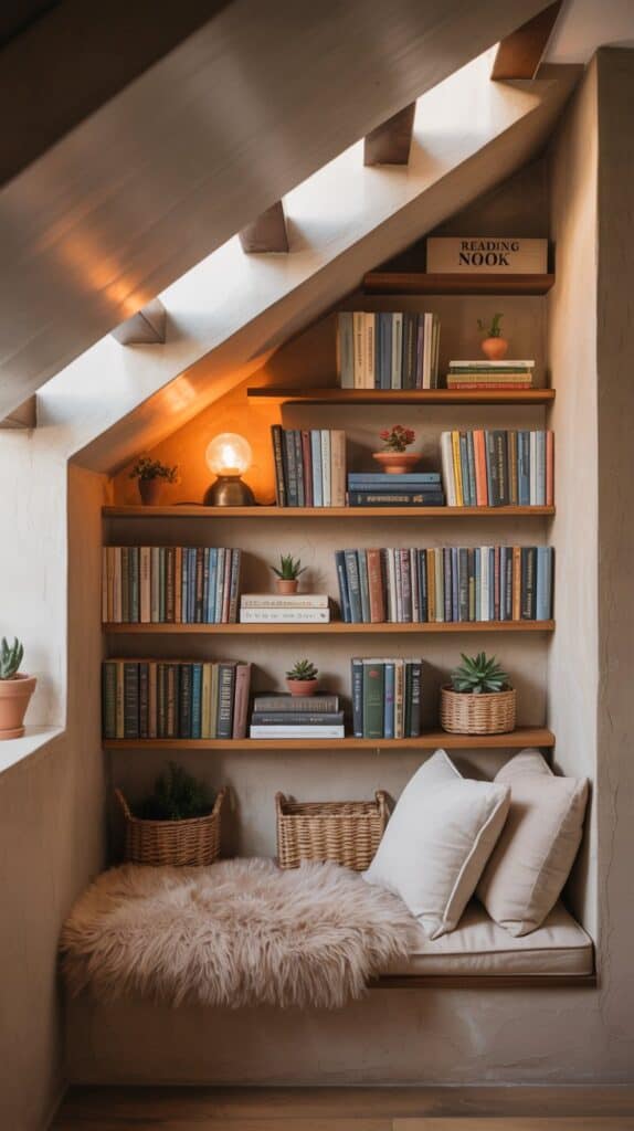 Books neatly stacked in custom shelves built into the angled wall beneath a staircase, styled with plants and baskets.