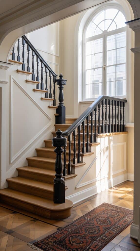 A classic staircase with turned spindles painted matte black, paired with white trim and oak treads.