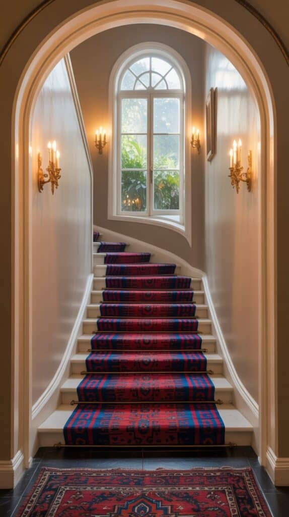 A staircase with a colorful patterned stair runner in reds and blues, surrounded by white trim and gold lighting.