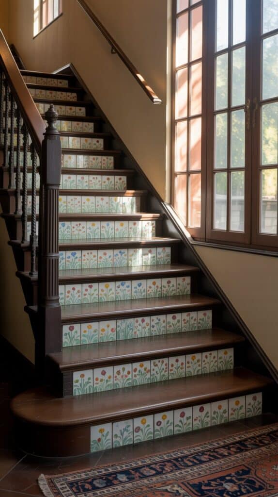 A staircase with hand-painted tiles on the risers and dark wood treads in a sunny hallway.