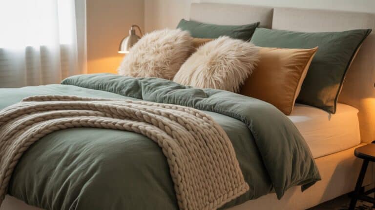 A photograph of a luxurious bed centered in a warmly lit bedroom. The bed is adorned with soft, forest green flannel bedding and several plush decorative pillows in cream and tan hues, piled high against the headboard. A chunky knit throw blanket in a light grey color is casually draped over the foot of the bed, while a small wooden bedside table with a vintage lamp sits to the right. Soft, diffused light streams in from a nearby window, creating a sense of calm and inviting tranquility.