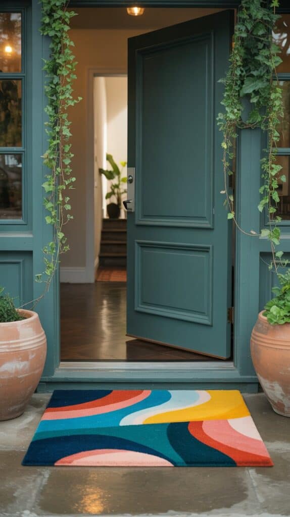 A modern entryway featuring a colorful abstract door mat, a wooden front door, and potted plants.
