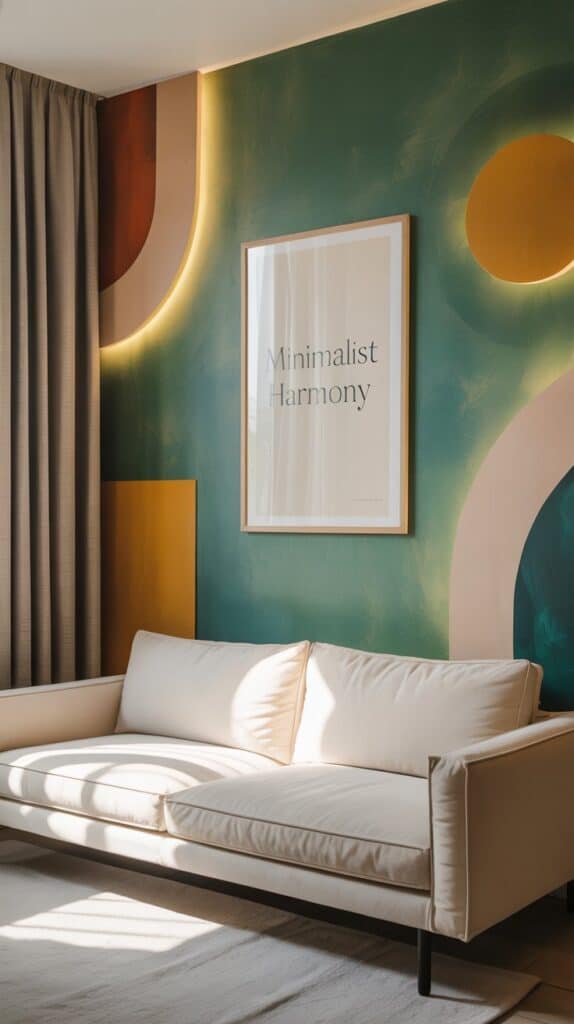 A stylish green accent wall with a modern, minimalist design. The wall features a textured, matte finish in a deep, earthy green hue. Complementary colors of warm ochre, soft beige, and accents of vibrant mustard yellow are artfully incorporated through abstract geometric shapes and patterns. Diffused, natural lighting casts a soft, ambient glow, creating a serene and inviting atmosphere. The overall composition exudes a harmonious balance of color, texture, and modern elegance, perfectly suited for a cozy, yet refined living space. A stylish green accent wall with a modern, minimalist design. The wall features a textured, matte finish in a deep, earthy green hue. Complementary colors of warm ochre, soft beige, and accents of vibrant mustard yellow are artfully incorporated through abstract geometric shapes and patterns. Diffused, natural lighting casts a soft, ambient glow, creating a serene and inviting atmosphere. The overall composition exudes a harmonious balance of color, texture, and modern elegance, perfectly suited for a cozy, yet refined living space.