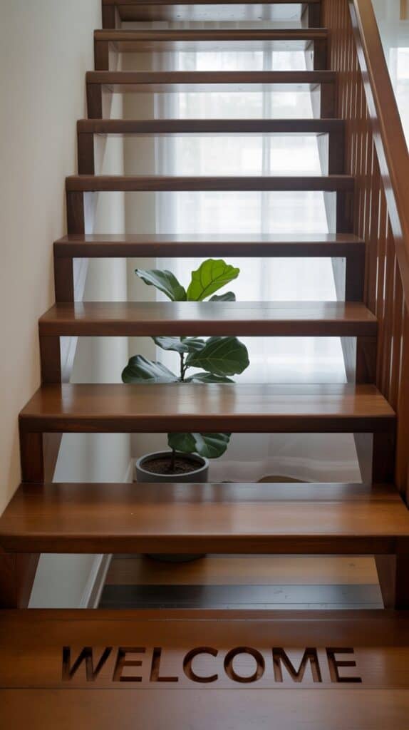 Staircase with open risers, wood treads, and no riser panels, allowing light to pass through each step.