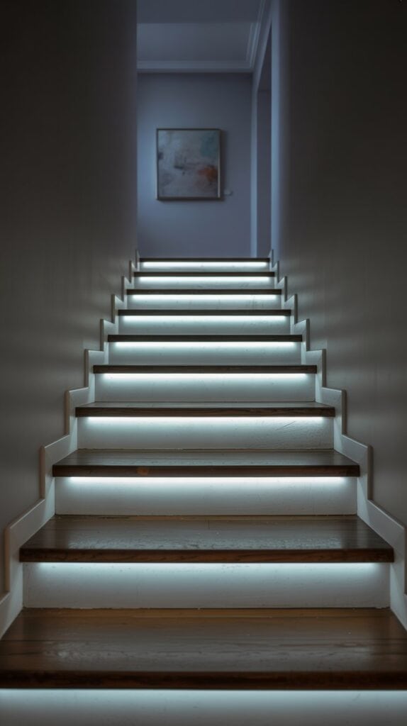 Soft LED lighting built into stair risers, casting a subtle glow along wood steps in a modern hallway.