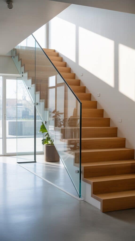 A staircase featuring frameless glass panels, oak treads, and floating steps in a minimalist loft.