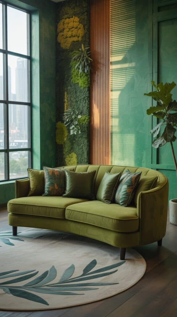 a vibrant green living room with creative wall treatments, bathed in natural light streaming through large windows. The walls feature a mix of textured panels, slatted wood accents, and vertical garden elements, creating a harmonious blend of organic and modern aesthetics. The room is furnished with minimalist yet cozy pieces, including a plush sofa and armchairs in complementary shades of green. Lush potted plants and a geometric area rug add depth and warmth to the space, while a subtle lighting setup casts a soft, ambient glow, enhancing the overall serene and rejuvenating atmosphere. a vibrant green living room with creative wall treatments, bathed in natural light streaming through large windows. The walls feature a mix of textured panels, slatted wood accents, and vertical garden elements, creating a harmonious blend of organic and modern aesthetics. The room is furnished with minimalist yet cozy pieces, including a plush sofa and armchairs in complementary shades of green. Lush potted plants and a geometric area rug add depth and warmth to the space, while a subtle lighting setup casts a soft, ambient glow, enhancing the overall serene and rejuvenating atmosphere.