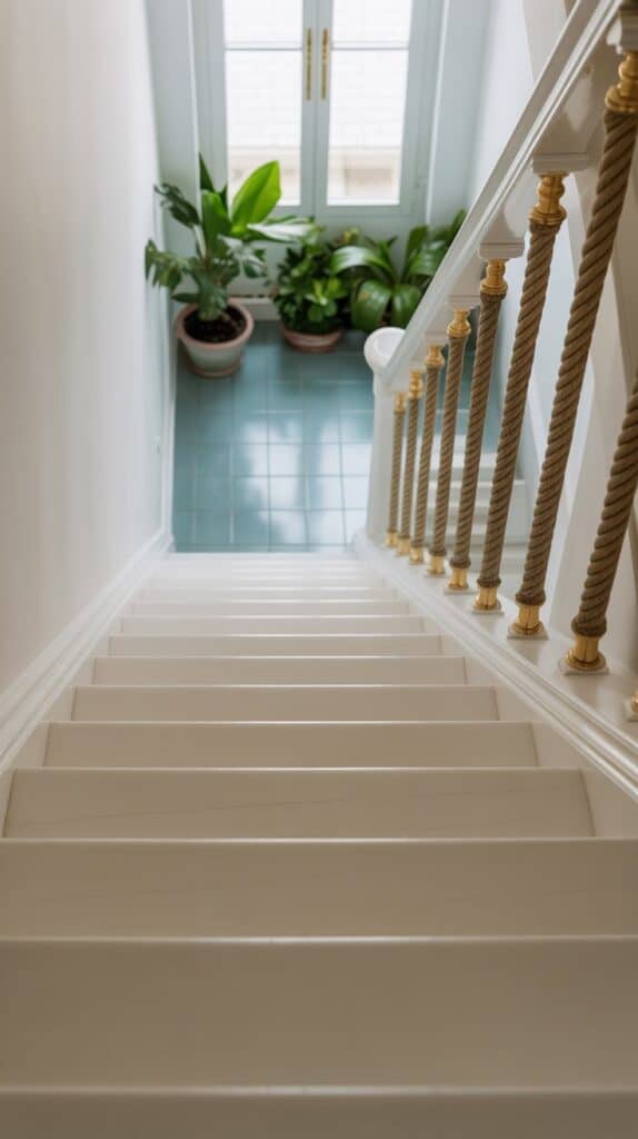 A white wood staircase with thick rope handrails anchored in polished metal, styled with light coastal colors.
