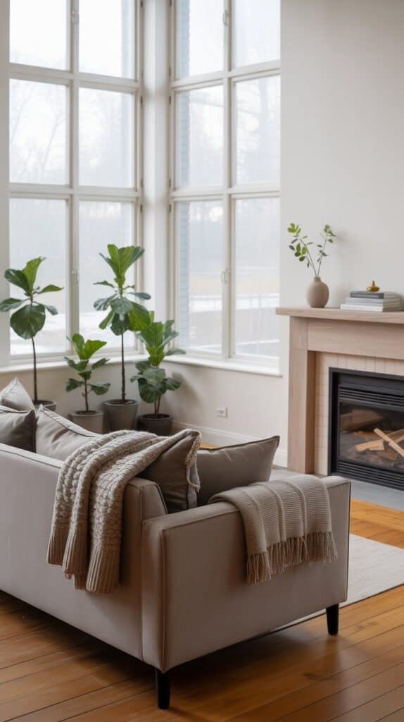 A Scandinavian living room featuring warm wood accents, a cozy sofa, and potted plants.