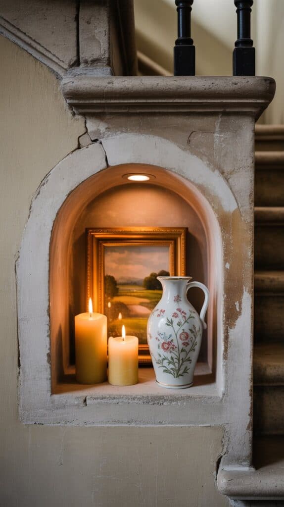 A niche built into the stairwell wall with candles, artwork, or sculptural vases softly lit from above.