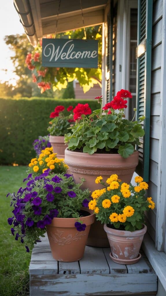 A vibrant front porch container garden with terracotta pots filled with red geraniums, yellow marigolds, and trailing purple petunias. The plants are arranged on a weathered wooden porch under a wooden “Welcome” sign in cursive. Warm golden sunlight highlights the scene, with a green lawn and trimmed hedge in the background, creating a cozy autumn atmosphere.