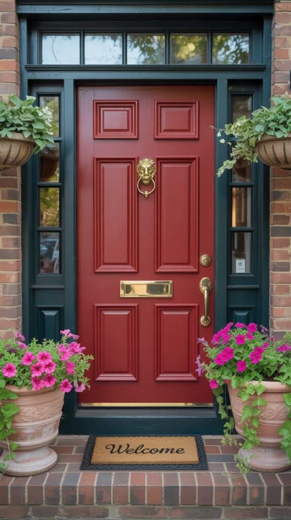 A bright red front door with decorative planters and a welcome mat