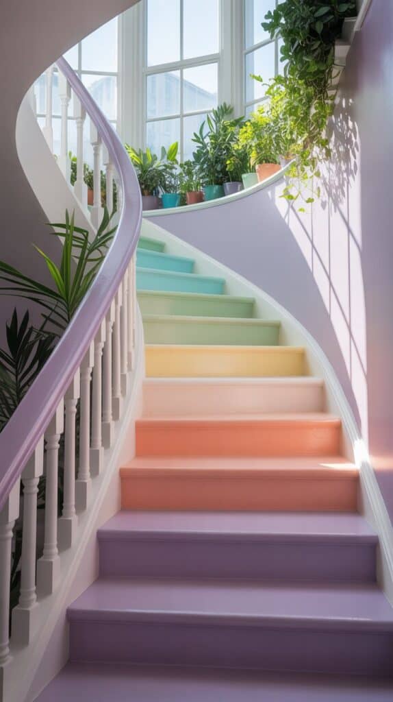 A colorful staircase with each riser painted a different pastel shade, paired with white treads and trim.
