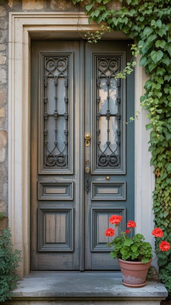 A wooden front door with intricate black ironwork design.