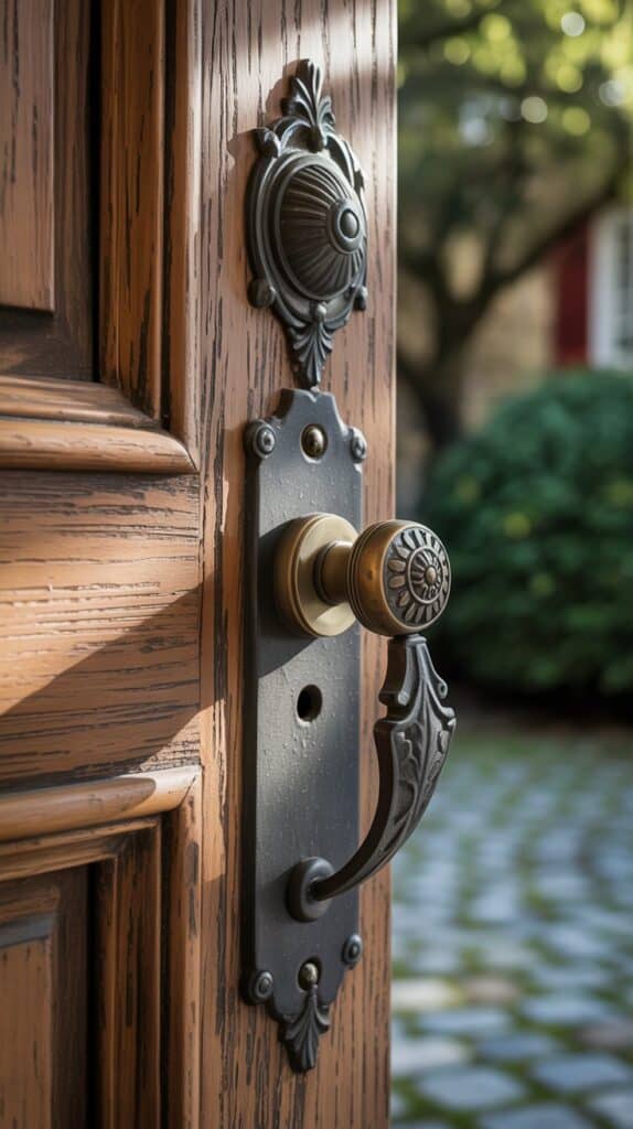 Close-up of ornate door hardware on a wooden door