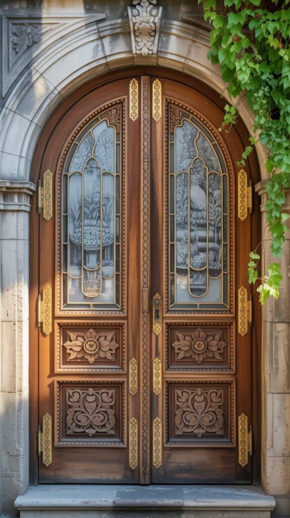 Intricate wooden double doors with ornate carvings and glass insets, set in a grand architectural frame.