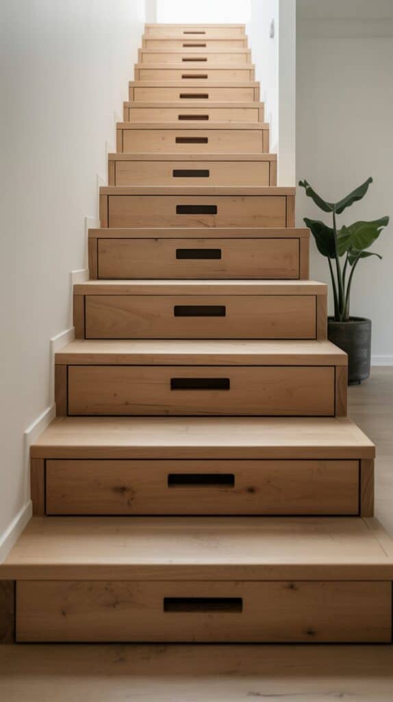 Drawers tucked into each stair step, blending into the risers with subtle cutout handles.