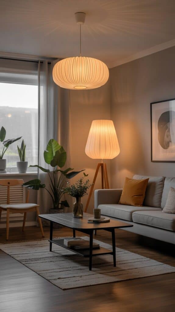 A Scandinavian living room featuring layered lighting with a pendant light, floor lamp, and decorative lamp, complemented by plants and minimalist furniture.