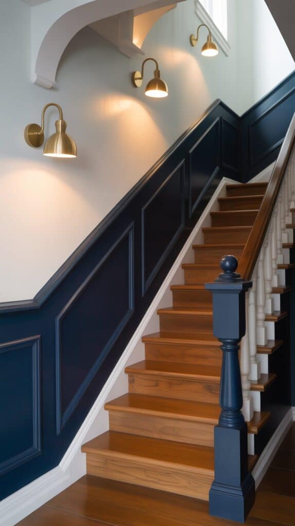 A staircase painted with dark navy on the lower wall and bright white above, featuring brass sconces for contrast.