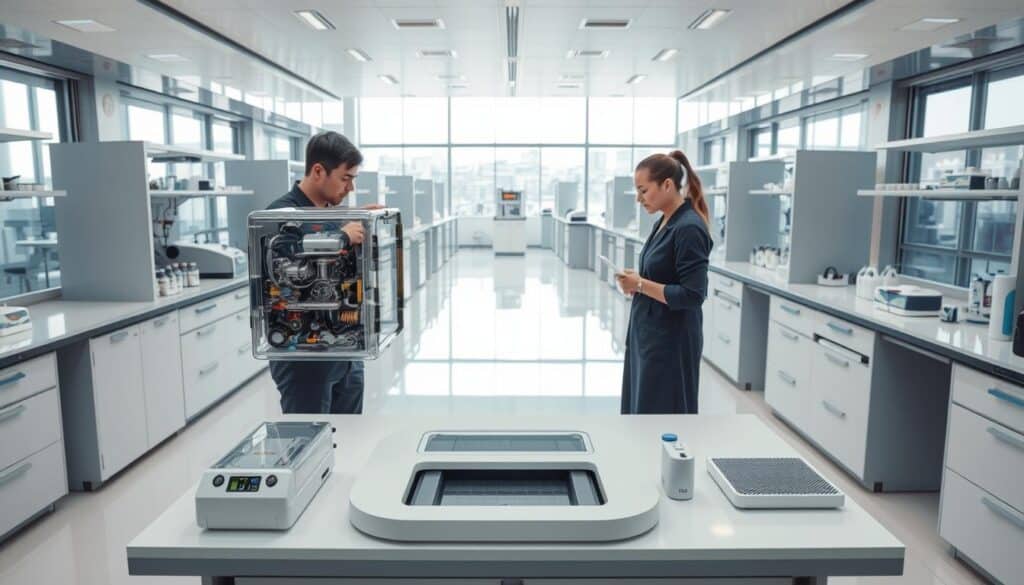 a state-of-the-art cleaning technology laboratory, with sleek, modern workstations and cutting-edge equipment. The foreground features a team of researchers examining a prototype cleaning device, its internal mechanisms visible through a transparent casing. The middle ground showcases various cleaning solutions and tools arranged neatly on the lab benches, from advanced robotic scrubbers to ultrasonic wave emitters. The background reveals a panoramic view of the lab, with large windows allowing natural light to flood the space, creating a bright and airy atmosphere. The overall scene conveys a sense of innovation, efficiency, and the future of clean living.