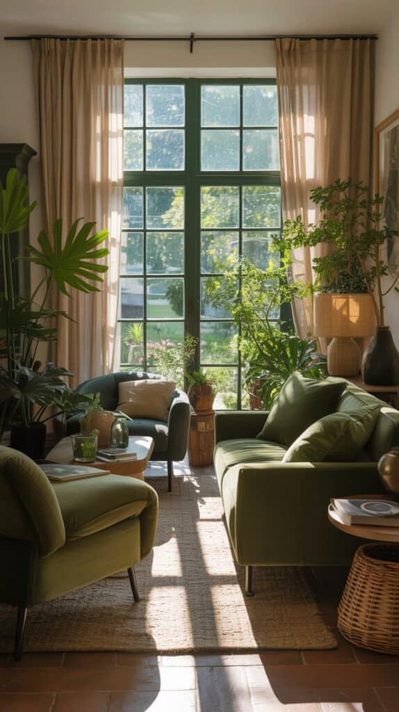A sun-drenched living room, verdant accents abound. Natural light filters through large windows, casting a warm, golden glow upon the lush, earthy tones. Soft, billowing curtains frame the view, adding a sense of tranquility. Plush, green velvet sofas and armchairs create an inviting, cozy atmosphere. Lush, potted plants and natural textures, such as woven baskets and wooden accents, enhance the organic, nature-inspired aesthetic. The scene exudes a serene, rejuvenating ambiance, perfect for a relaxing afternoon. A sun-drenched living room, verdant accents abound. Natural light filters through large windows, casting a warm, golden glow upon the lush, earthy tones. Soft, billowing curtains frame the view, adding a sense of tranquility. Plush, green velvet sofas and armchairs create an inviting, cozy atmosphere. Lush, potted plants and natural textures, such as woven baskets and wooden accents, enhance the organic, nature-inspired aesthetic. The scene exudes a serene, rejuvenating ambiance, perfect for a relaxing afternoon.