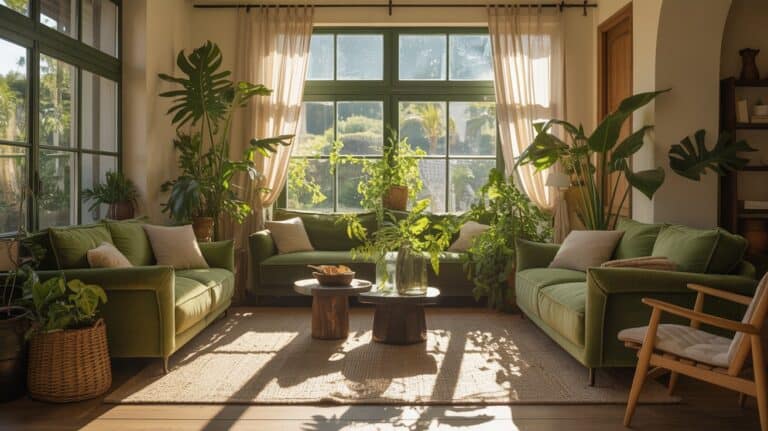 A bright, sunlit living room interior with large windows and abundant indoor plants. Two sage green velvet sofas are positioned facing each other, with light beige throw pillows. A wooden coffee table with a natural finish sits in the center, topped with a clear glass vase containing fresh greenery and a wooden bowl. The room features cream-colored walls and hardwood flooring covered by a natural jute area rug. Multiple large-leafed plants in various sizes are strategically placed throughout the space, including a Monstera deliciosa with broad green leaves, snake plants, and other tropical foliage. Sheer cream-colored curtains frame the windows, allowing natural sunlight to create dappled shadows on the floor. A wooden armchair with light-colored cushions is partially visible on the right side of the frame. The windows show glimpses of greenery and trees outside. The overall color palette consists of various shades of green, beige, and natural wood tones, creating a cohesive, organic aesthetic.