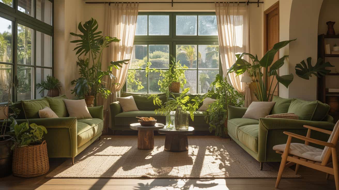 A bright, sunlit living room interior with large windows and abundant indoor plants. Two sage green velvet sofas are positioned facing each other, with light beige throw pillows. A wooden coffee table with a natural finish sits in the center, topped with a clear glass vase containing fresh greenery and a wooden bowl. The room features cream-colored walls and hardwood flooring covered by a natural jute area rug. Multiple large-leafed plants in various sizes are strategically placed throughout the space, including a Monstera deliciosa with broad green leaves, snake plants, and other tropical foliage. Sheer cream-colored curtains frame the windows, allowing natural sunlight to create dappled shadows on the floor. A wooden armchair with light-colored cushions is partially visible on the right side of the frame. The windows show glimpses of greenery and trees outside. The overall color palette consists of various shades of green, beige, and natural wood tones, creating a cohesive, organic aesthetic.