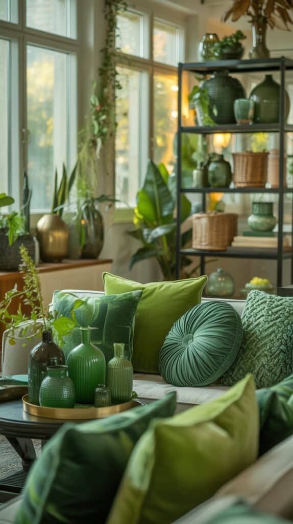A vibrant, sun-drenched living room filled with lush green accents and accessories. In the foreground, an array of throw pillows, vases, and decorative trays in various shades of emerald and lime. On the middle-ground shelves, an assortment of potted plants and natural-fiber baskets. The background features large windows letting in warm, golden light, illuminating the verdant palette. Soft, diffused shadows create depth and dimension. The overall mood is one of freshness, vitality, and a harmonious blend of nature and modern decor. A vibrant, sun-drenched living room filled with lush green accents and accessories. In the foreground, an array of throw pillows, vases, and decorative trays in various shades of emerald and lime. On the middle-ground shelves, an assortment of potted plants and natural-fiber baskets. The background features large windows letting in warm, golden light, illuminating the verdant palette. Soft, diffused shadows create depth and dimension. The overall mood is one of freshness, vitality, and a harmonious blend of nature and modern decor.