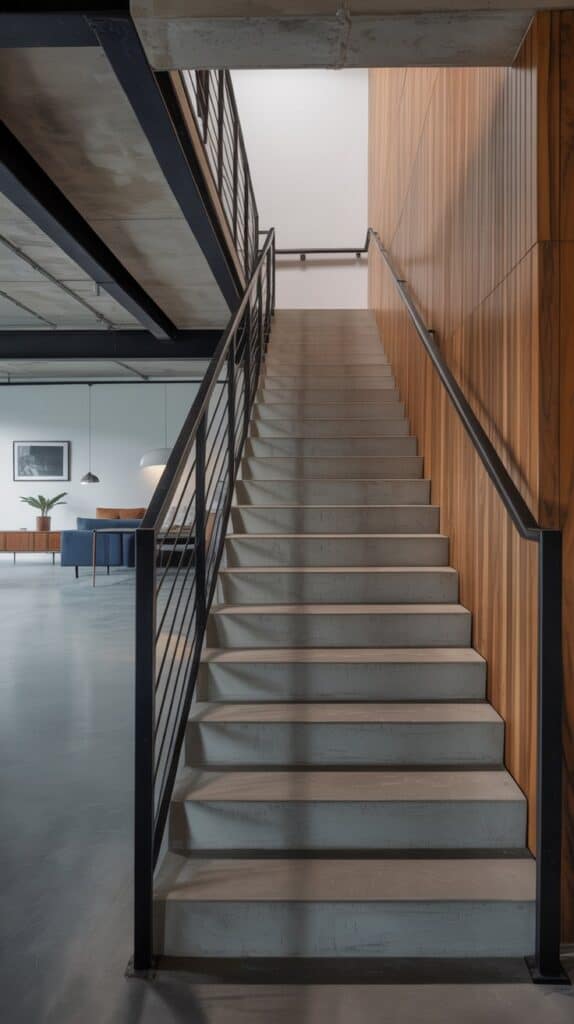 Concrete treads with black metal railings and wood panel accents in an urban loft space.