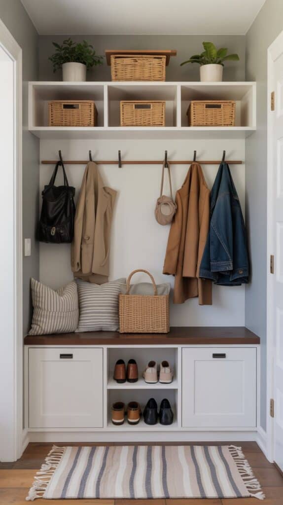 A modern mudroom entryway with white built-in storage featuring three cubbies with woven baskets and potted plants. A wooden coat rod with black hooks holds a black handbag, tan coat, beige handbag, and denim jacket. Below is a dark brown bench with white cabinets containing a striped pillow, woven basket, and neatly arranged shoes. A gray and beige striped rug with tassels lies on the light wood floor. The space has light gray walls and a clean, neutral palette.