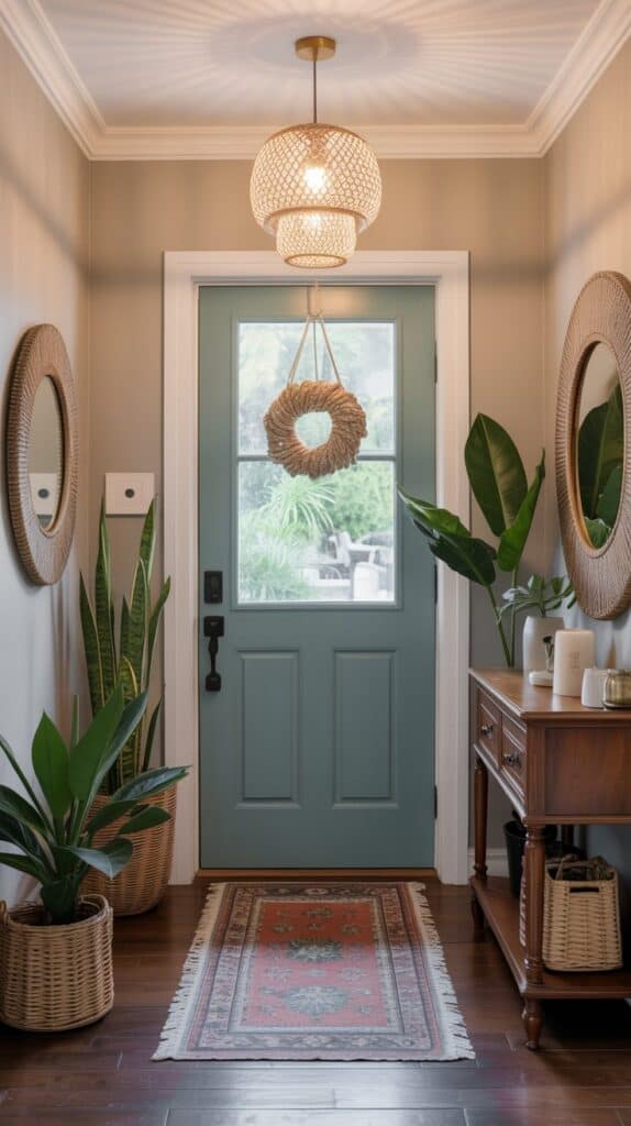 A bright modern entryway featuring a sage green front door with a window pane and two panels, adorned with a woven wreath. The space has beige walls, white crown molding, and a tray ceiling with a large rattan pendant light. Two round rattan-framed mirrors flank the door. A snake plant in a woven basket and a console table with plants, a drawer, and a basket add warmth. A red and beige vintage runner lies on dark hardwood flooring.