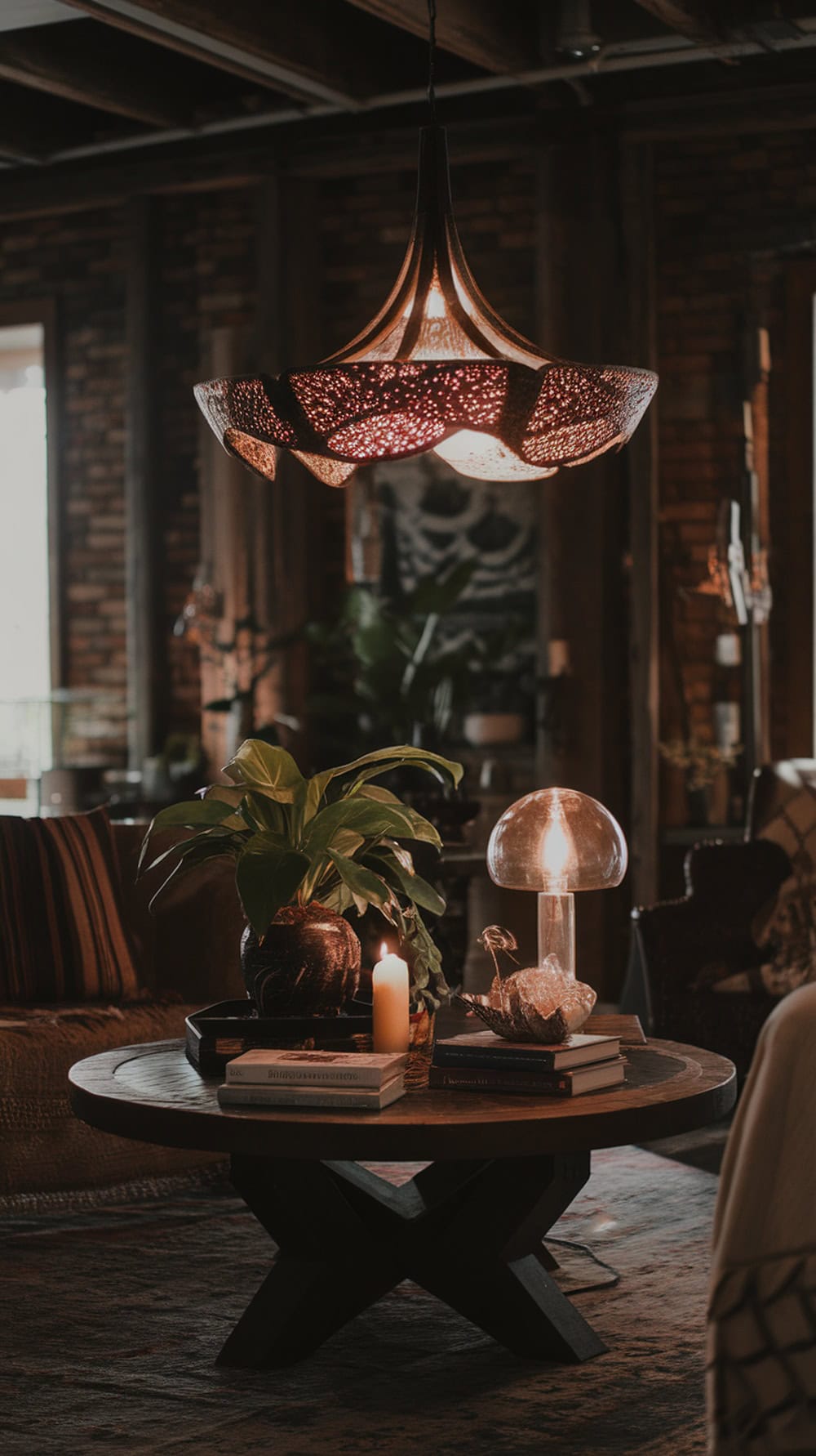 A dark boho living room featuring a unique statement lighting fixture, plants, and a cozy table setting.