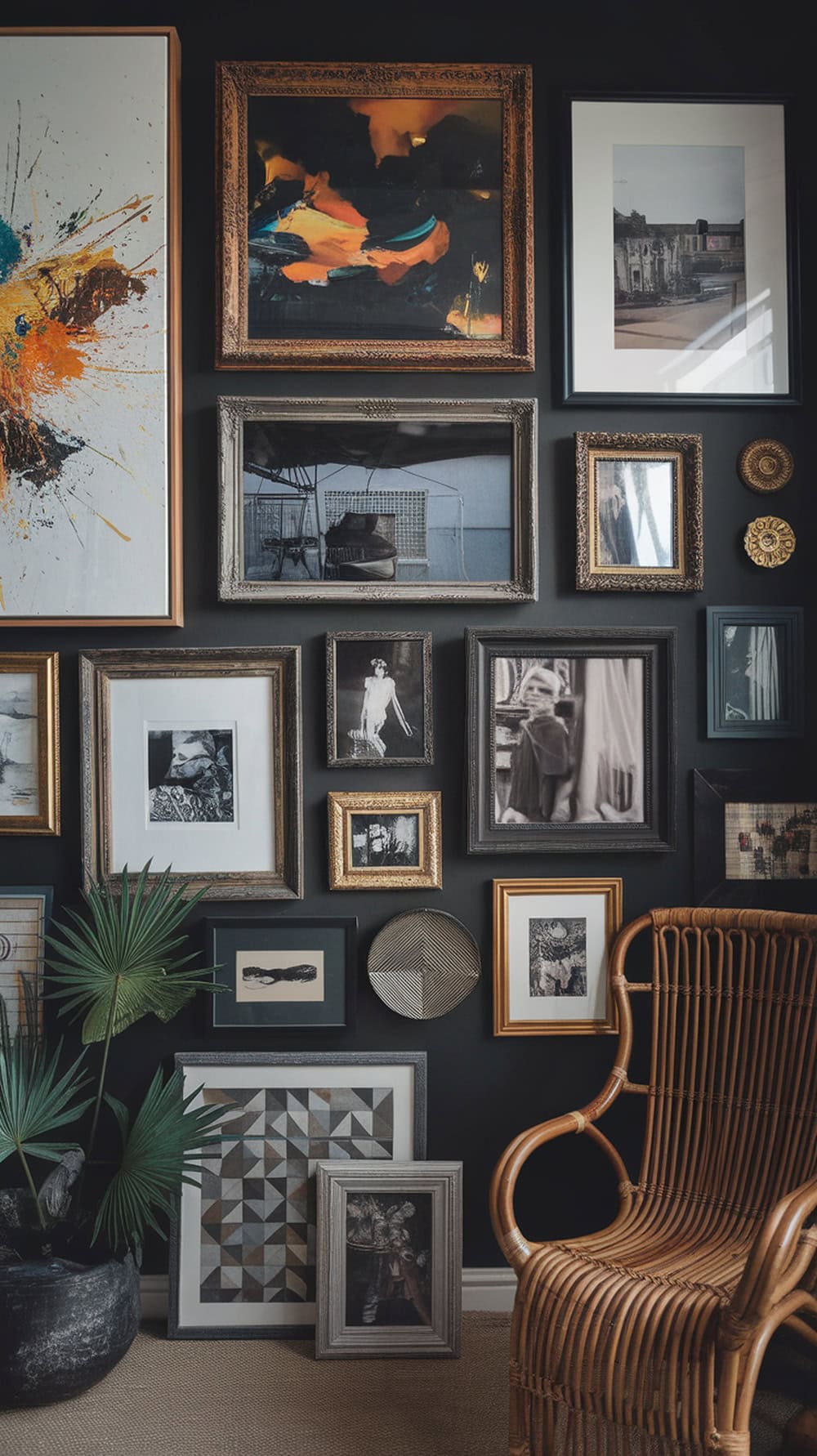 Eclectic wall art arrangement in a dark boho living room with various frames and artworks.