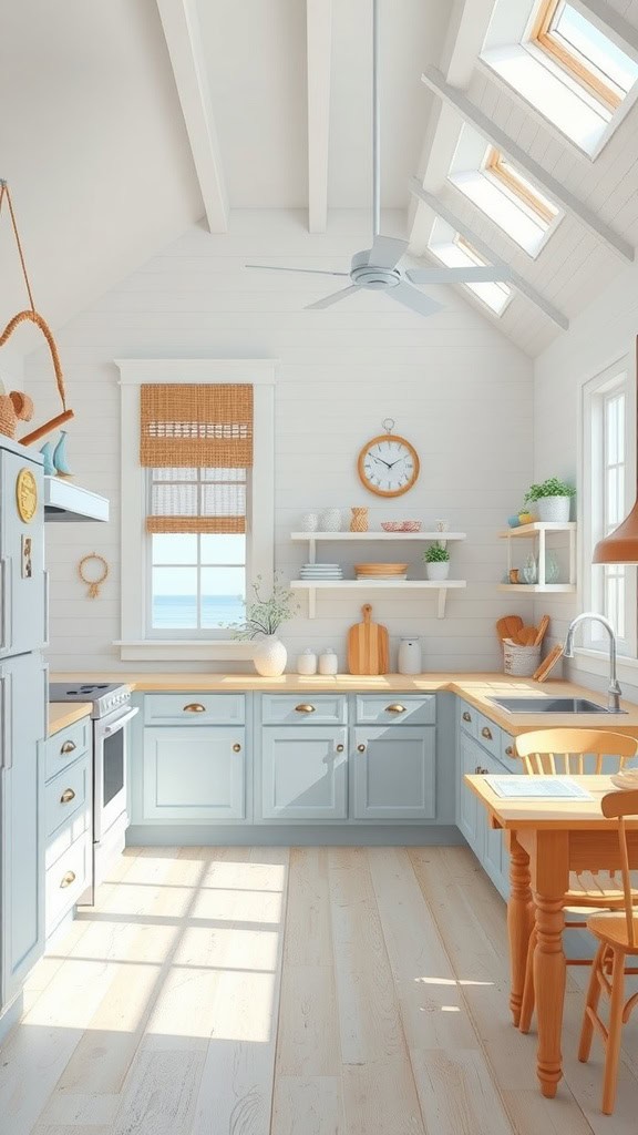 A bright coastal beach house kitchen with light blue cabinets, wooden countertops, and large windows.