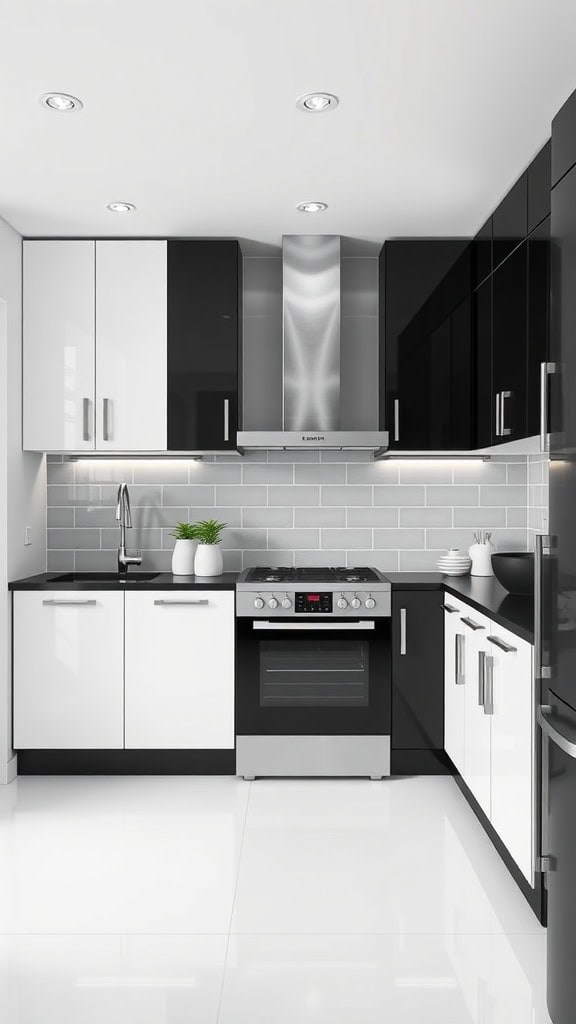 A modern kitchen featuring black and white cabinets, stainless steel appliances, and a light gray backsplash.