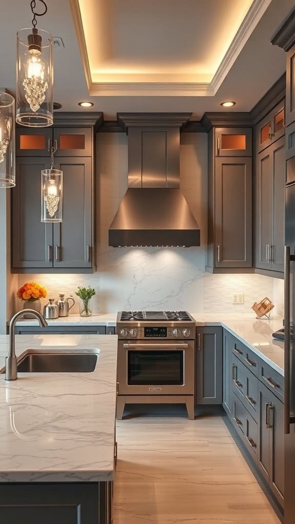 Luxurious gourmet kitchen with dark cabinetry, marble countertops, and modern appliances