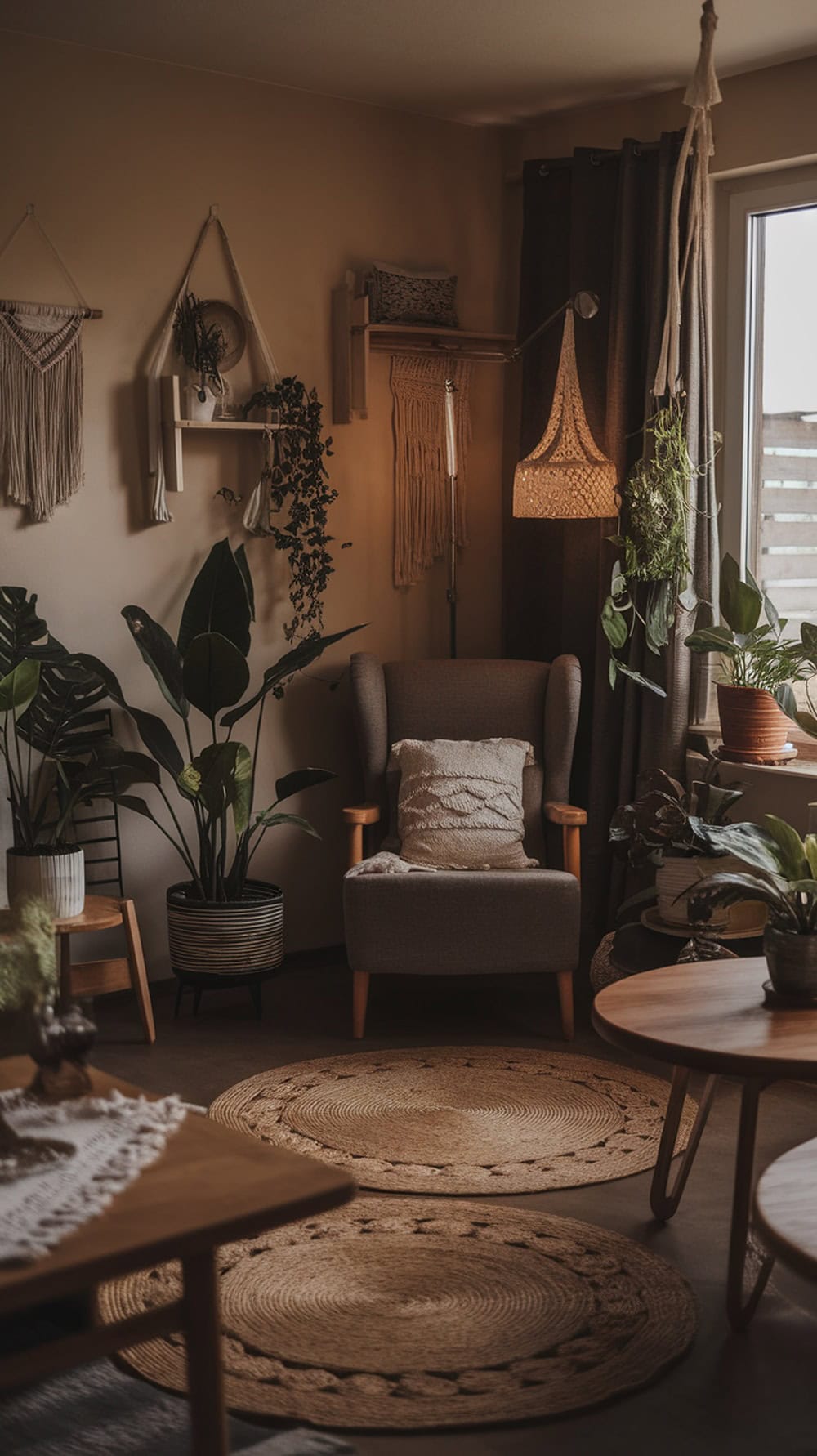 A dark boho living room featuring plants, woven rugs, and cozy furniture.
