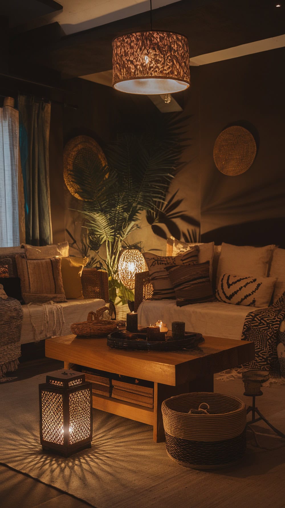 A dark boho living room with layered lighting, featuring a pendant light, candles, and a woven lantern.