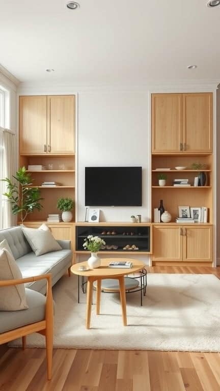 Scandinavian living room with built-in wooden furniture, a light gray sofa, and a coffee table.
