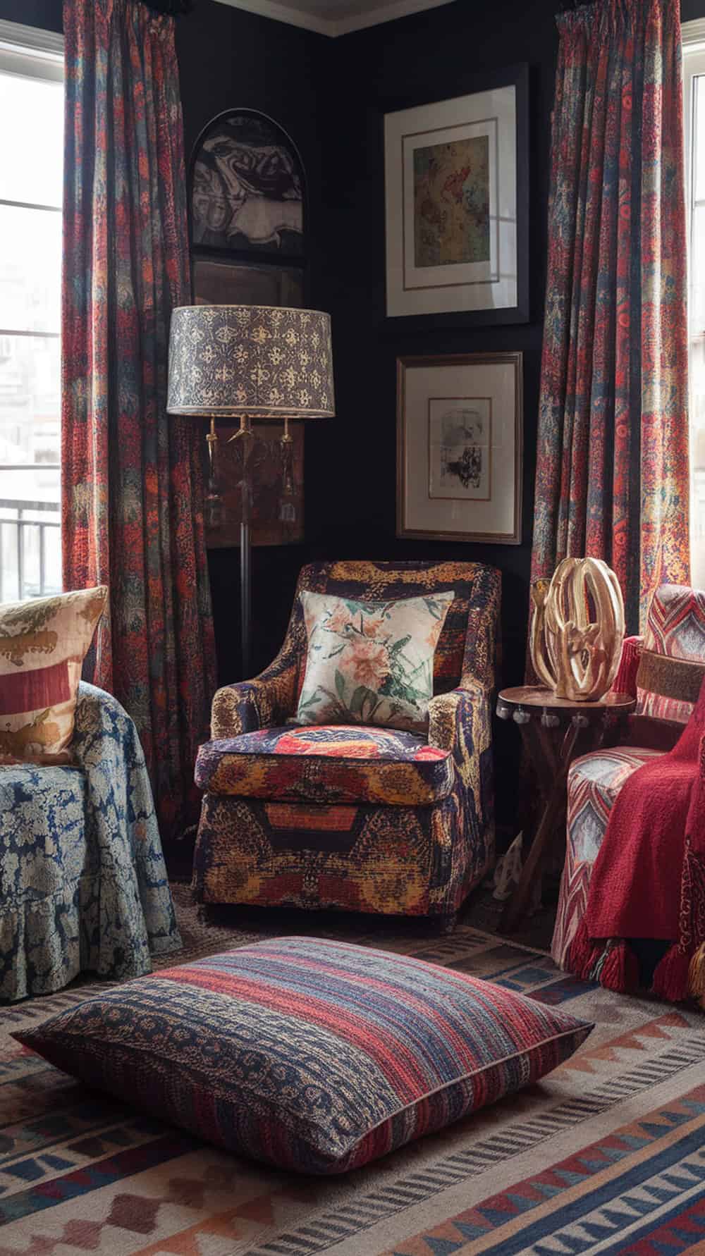 A cozy dark boho living room featuring mixed patterns in textiles and decor.