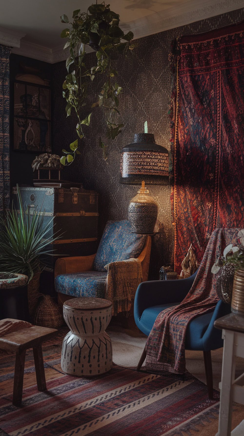 A dark boho living room featuring patterned textiles, plants, and vintage decor.