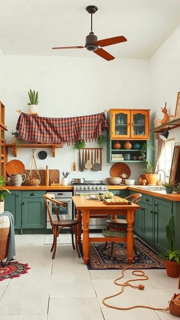 A cozy eclectic bohemian kitchen with green cabinets, wooden accents, plants, and decorative items.