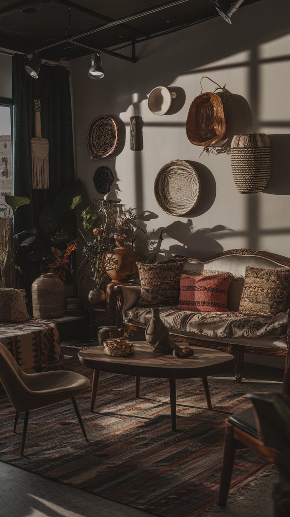 A dark boho living room featuring artisan decor with woven baskets on the wall, a vintage sofa, and natural elements.